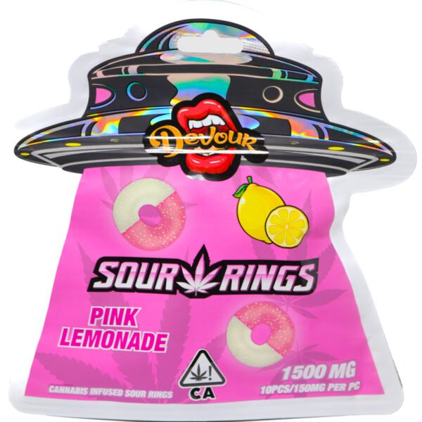 Devour Edibles (1500mg) – Sour Rings Pink Lemonade — THC gummies available at Cali Canna