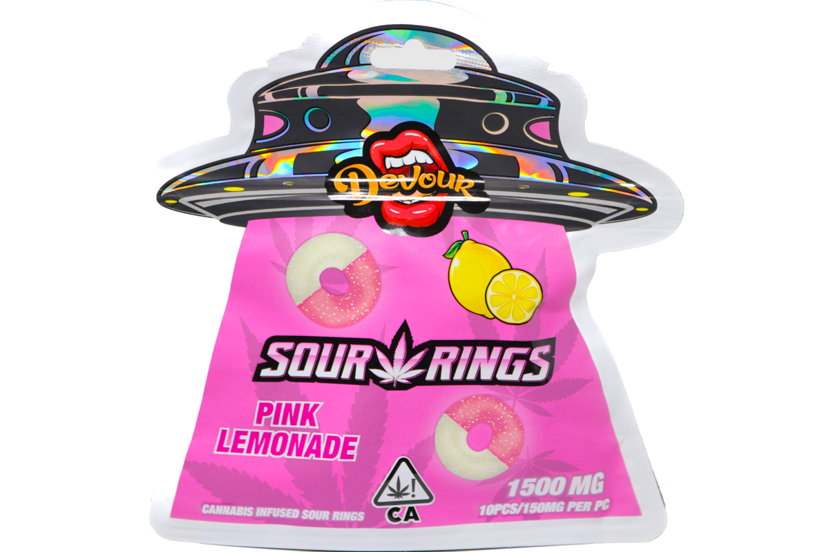 Devour Edibles (1500mg) – Sour Rings Pink Lemonade — THC gummies available at Cali Canna