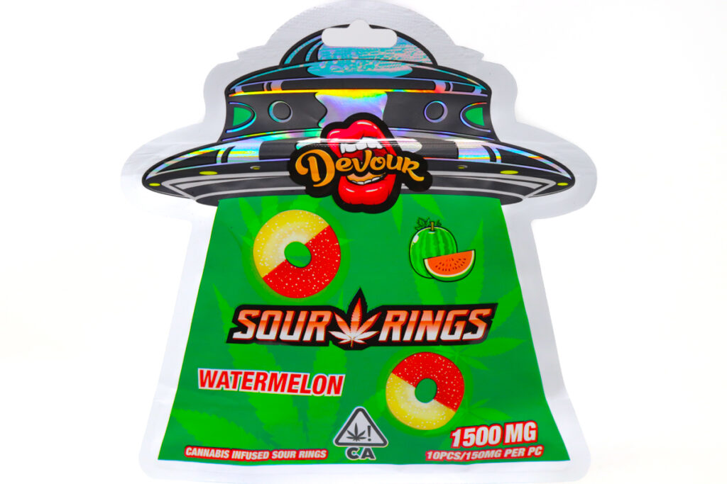 Devour Edibles (1500mg) – Sour Rings Watermelon — THC gummies available at Cali Canna