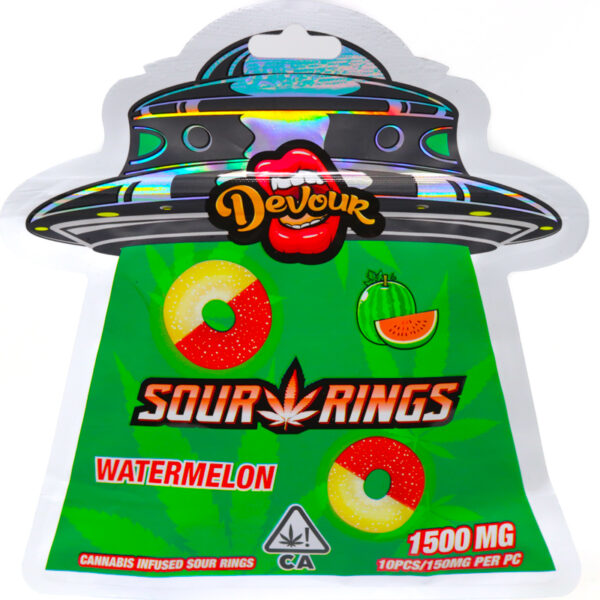 Devour Edibles (1500mg) – Sour Rings Watermelon — THC gummies available at Cali Canna